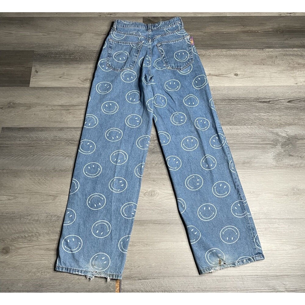 H&M x Smiley Face All Over Print Wide Leg High Rise Denim Jeans Blue Womens Sz 0
